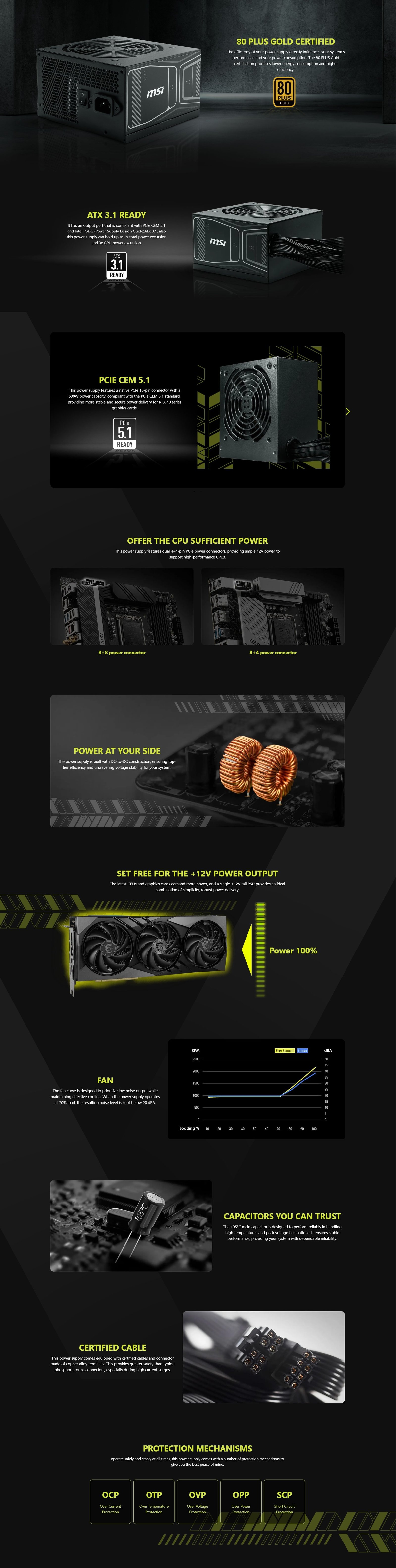 Fuente de Poder MSI MAG A850GN PCIE5 80 PLUS Gold ATX, 24-pin ATX, 120mm, 850W