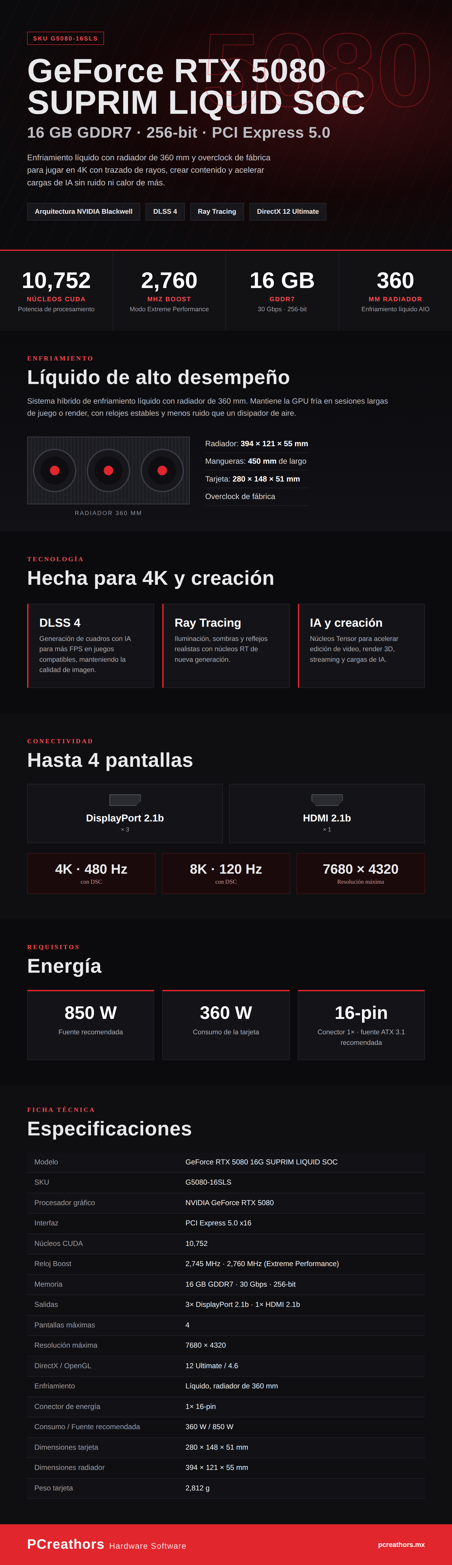 Tarjeta de Video MSI NVIDIA GeForce RTX 5080 16G SUPRIM LIQUID SOC, 1GB 256-bit GDDR7, PCI Express x16 5.0 