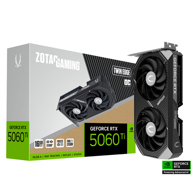 TARJETA DE VIDEO ZOTAC (ZT-B50620H-10M) RTX 5060TI TWIN EDGE OC 16GB GDDR7,2602 MHZ,PCIE 5,HDMI,3*DP,2*FAN