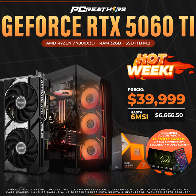 HOTSALE017 - Equipo AMD Ryzen 7 7800X3D + 32GB RAM + GeForce RTX 5060 Ti 16GB Asus Dual