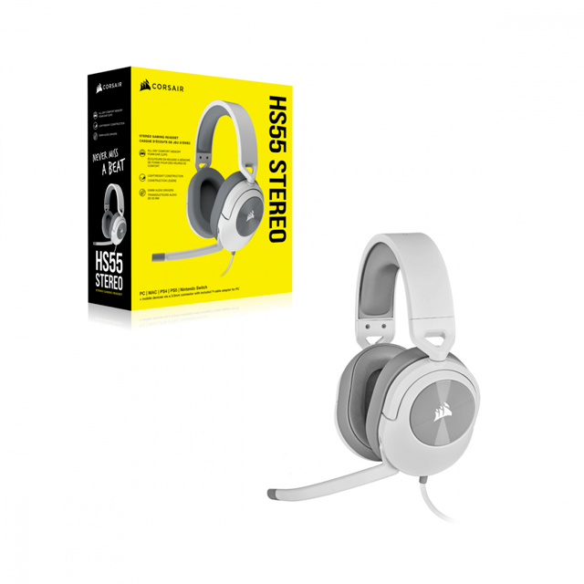Corsair Audífonos Gamer HS55 STEREO, Alámbrico, 1.8 Metros, 3.5mm, Blanco