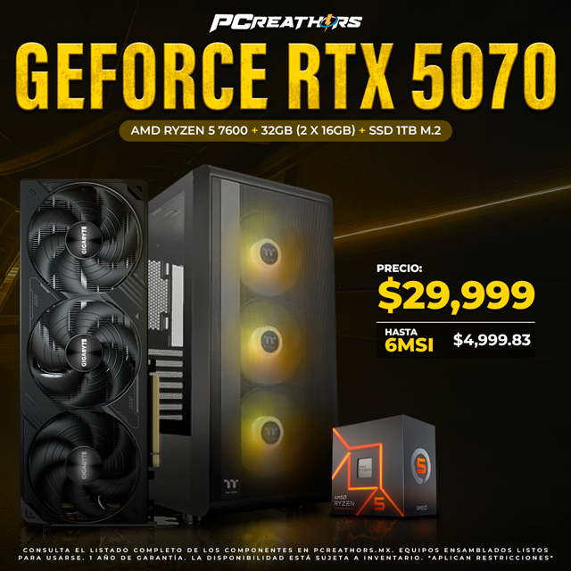 PCRA722 - Equipo AMD Ryzen 5 7600 + 32GB (2 x 16GB) + GeForce RTX 5070 + HASTA 6 MSI
