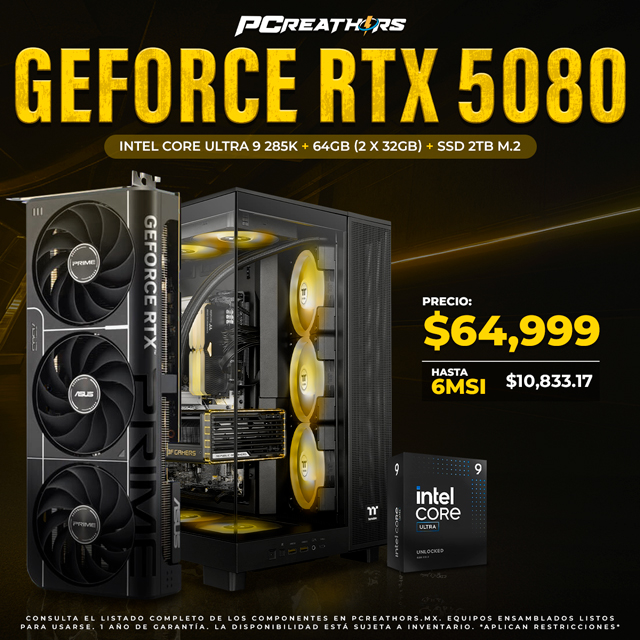 PCRA725 - Equipo Intel Core Ultra 9 285K + 64GB (2 x 32GB) + GeForce RTX 5080 + HASTA 6 MSI