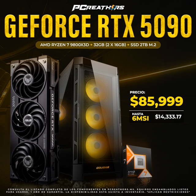 PCRA730 - Equipo AMD Ryzen 7 9800X3D + 32GB (2 x 16GB) + GeForce RTX 5090 + HASTA 6 MSI
