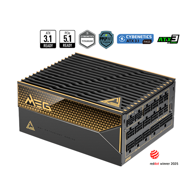 Fuente de Poder MSI MEG AI1600T PCIE5 80 PLUS Titanium, Modular, 24-pin ATX, 135mm, 1600W