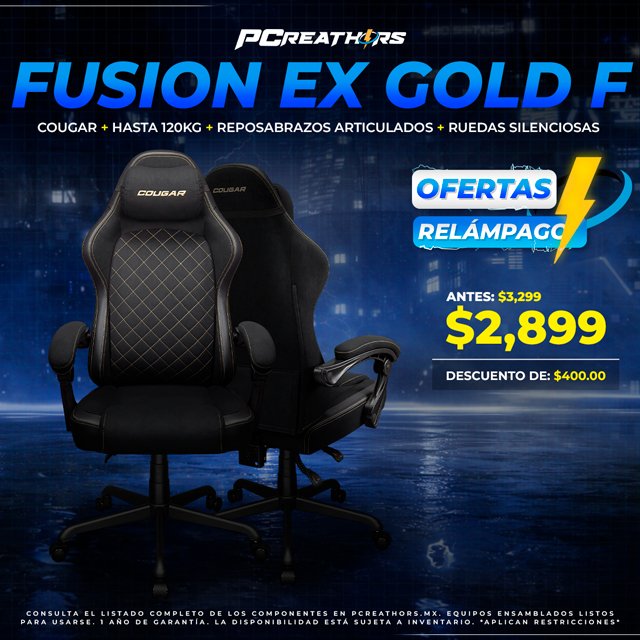 OFC021 - Cougar Silla Gamer Ergonómica FUSION EX GOLD F, hasta 120kg, Negro/Oro