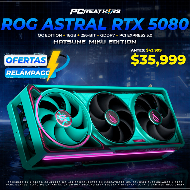 OFR015 - Tarjeta de Video ASUS NVIDIA ROG Astral GeForce RTX 5080 16GB OC Edition, 16GB 256-bit GDDR7, PCI Express 5.0 (Hatsune Miku Edition)