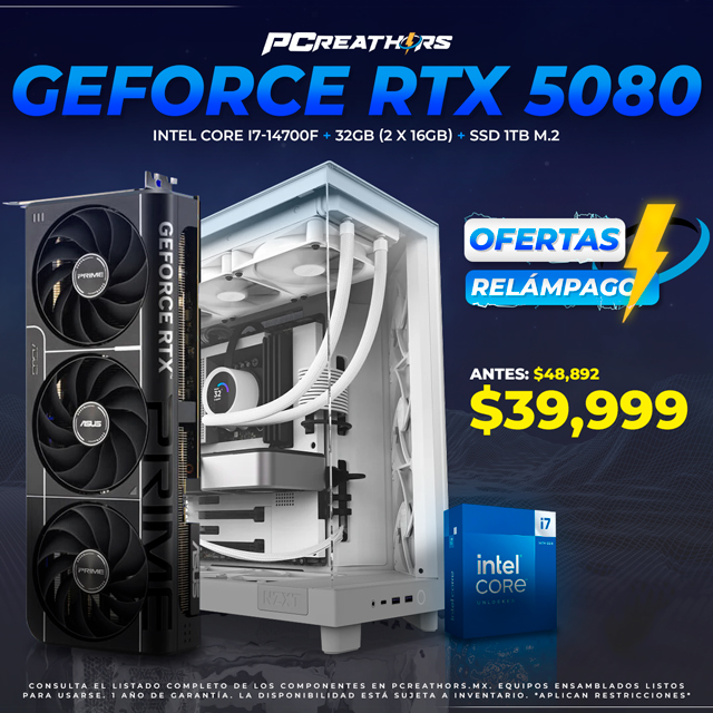 PCRA732 - Equipo Intel Core i7-14700F + 32GB (2x16GB) + GeForce RTX 5080 - OFERTA RELÁMPAGO