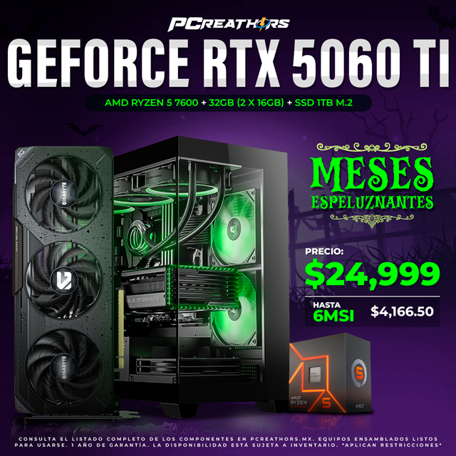PCRA782 - Equipo AMD Ryzen 5 7600 + 32GB (2x16GB) + Geforce RTX 5060 Ti - MESES ESPELUZNANTES