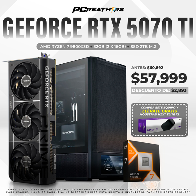 PCRA932 - Equipo AMD Ryzen 7 9800X3D + 32GB - 2 x 16GB + GeForce RTX 5070 Ti