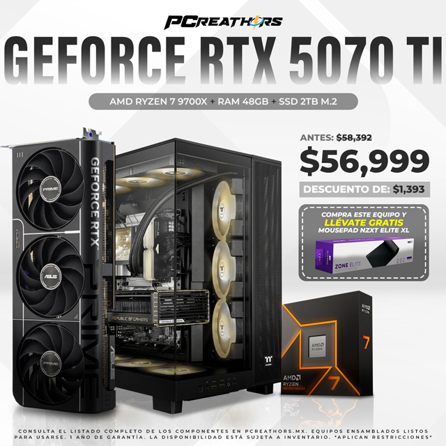 PCRA937 - Equipo AMD Ryzen 7 9700X + RAM 48GB + GeForce RTX 5070 Ti