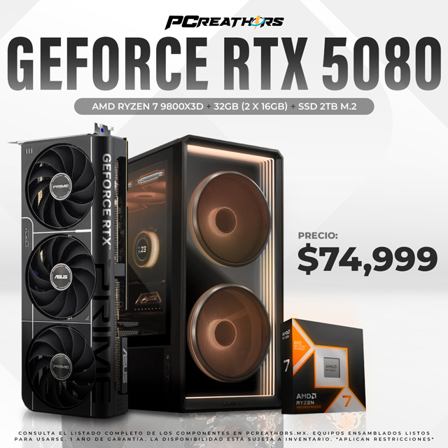 PCRA972 - Equipo AMD Ryzen 7 9800X3D + 32GB (2 X 16GB) + GeForce RTX 5080