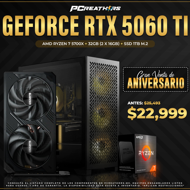 PCRA992 - Equipo AMD Ryzen 7 5700X + 32GB (2 X 16GB) + GeForce RTX 5060 Ti