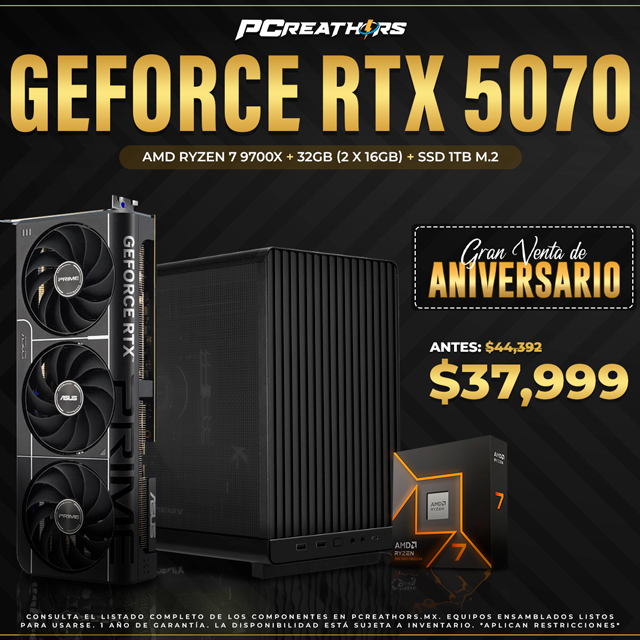 PCRA995 - Equipo AMD Ryzen 7 9700X + 32GB - 2 x 16GB + GeForce RTX 5070