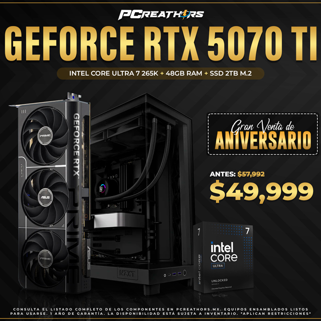 PCRA999 - Equipo Intel Core Ultra 7 265K + 48GB RAM + GeForce RTX 5070 Ti