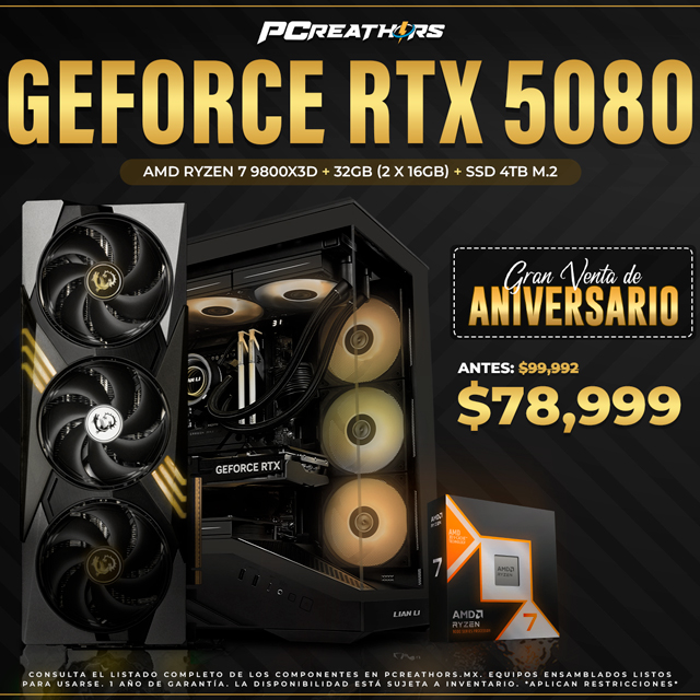 PCRB007 - Equipo AMD Ryzen 7 9800X3D + 32GB - 2 x 16GB + GeForce RTX 5080