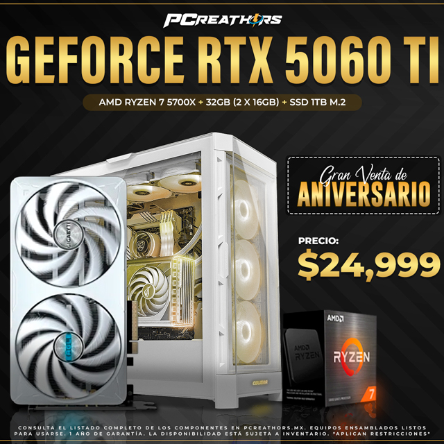 PCRB009 - Equipo AMD Ryzen 7 5700X + 32GB (2X16GB) + GeForce RTX 5060 Ti