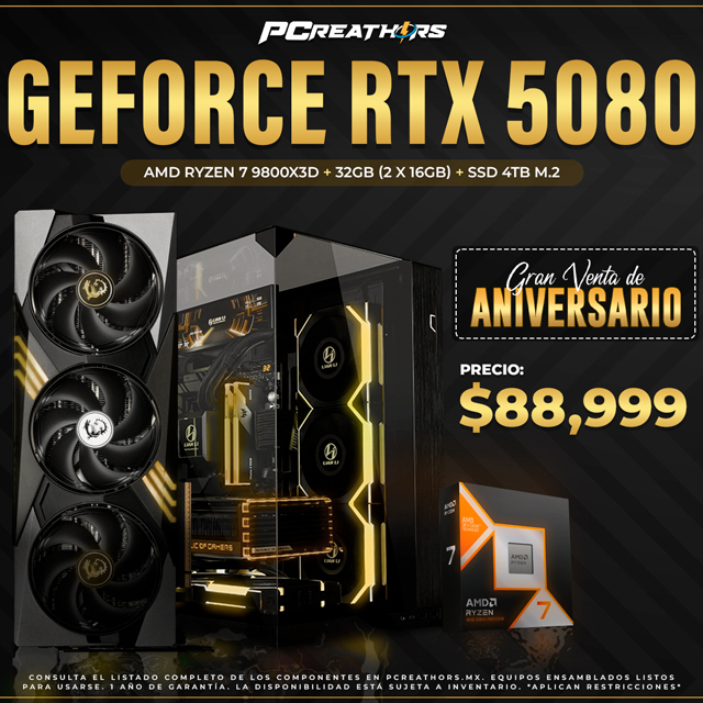 PCRB011 - Equipo AMD Ryzen 7 9800X3D + 32GB (2x16GB) + GeForce RTX 5080