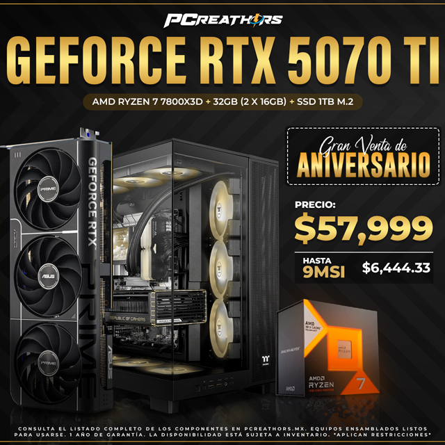 PCRB020 - EQUIPO AMD Ryzen 7 7800X3D + 32GB (2x16GB) + GeForce RTX 5070 Ti (9 MESES SIN INTERESES)