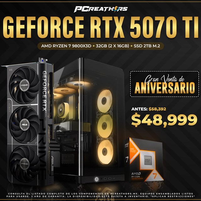 PCRB022 - EQUIPO AMD Ryzen 7 9800X3D + 32GB (2x16GB) + GeForce RTX 5070 Ti