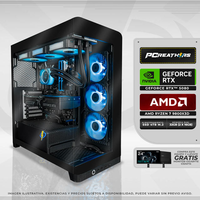 PCRB038 - Equipo AMD Ryzen 7 9800X3D + 32GB (2 X 16GB) + GeForce RTX 5080 - Incluye monitor de regalo