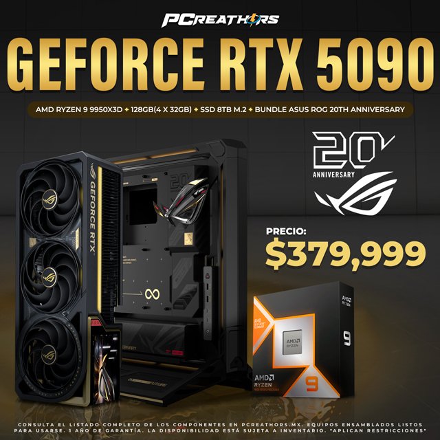 PCRB174 - EQUIPO AMD Ryzen 9 9950X3D + 128GB (4x32GB) + GeForce RTX 5090 (ASUS ROG 20th Anniversary)