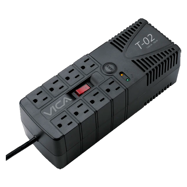 Regulador VICA T-02 1200VA/700W, Voltaje 120VCA /60Hz, breaker térmico, 8 tomas protegidas, indicadores LED, puerto RJ11, empotrable en pared
