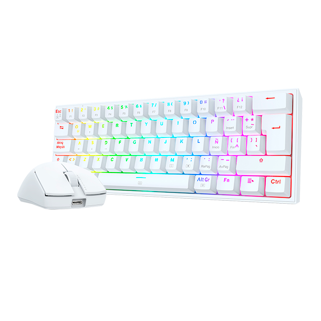 Kit Gamer de Teclado y Mouse S143W: Redragon Fizz K617 RGB + Redragon King M724, Alámbrico, USB, Blanco (Español)