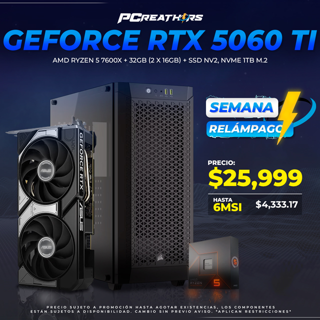 SRPCR10 - EQUIPO AMD Ryzen 5 7600X + 32GB - 2 x 16GB + GeForce RTX 5060 Ti