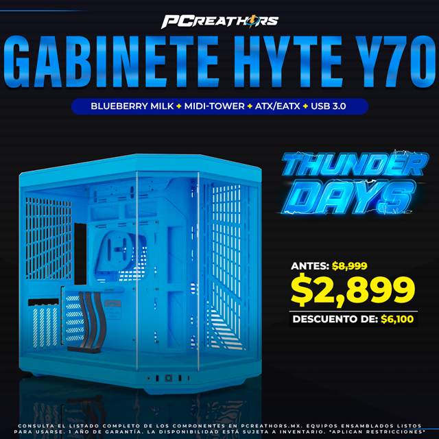 TUD002 - Gabinete Hyte Y70 Blueberry Milk, Midi-Tower, ATX/EATX/Micro-ATX/Mini-ITX, USB 3.0, sin Fuente, sin Ventiladores Instalados, Azul