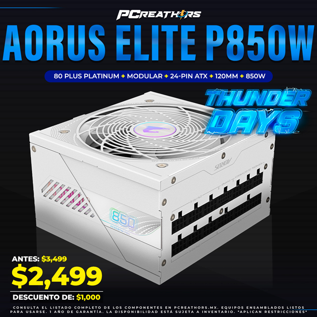 TUD007 - Fuente de Poder AORUS ELITE P850W 80 PLUS Platinum, Modular, 24-pin ATX, 120mm, 850W, Blanca